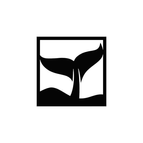 A square piece of wall art featuring a laser-cut whale tail crafted from 16-gauge steel with a matte black finish. The whale tail is raised in a dynamic upward gesture, set within a rectangular frame, conveying a sense of motion. The minimalist design is displayed against a plain background, emphasizing the sleek and modern aesthetic.